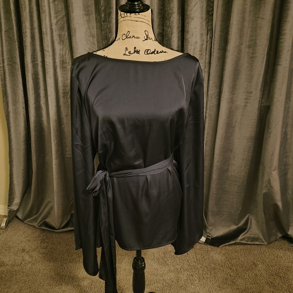 NEW: Eloquii Charcoal Satin Top with Tie - Picture 1 of 6
